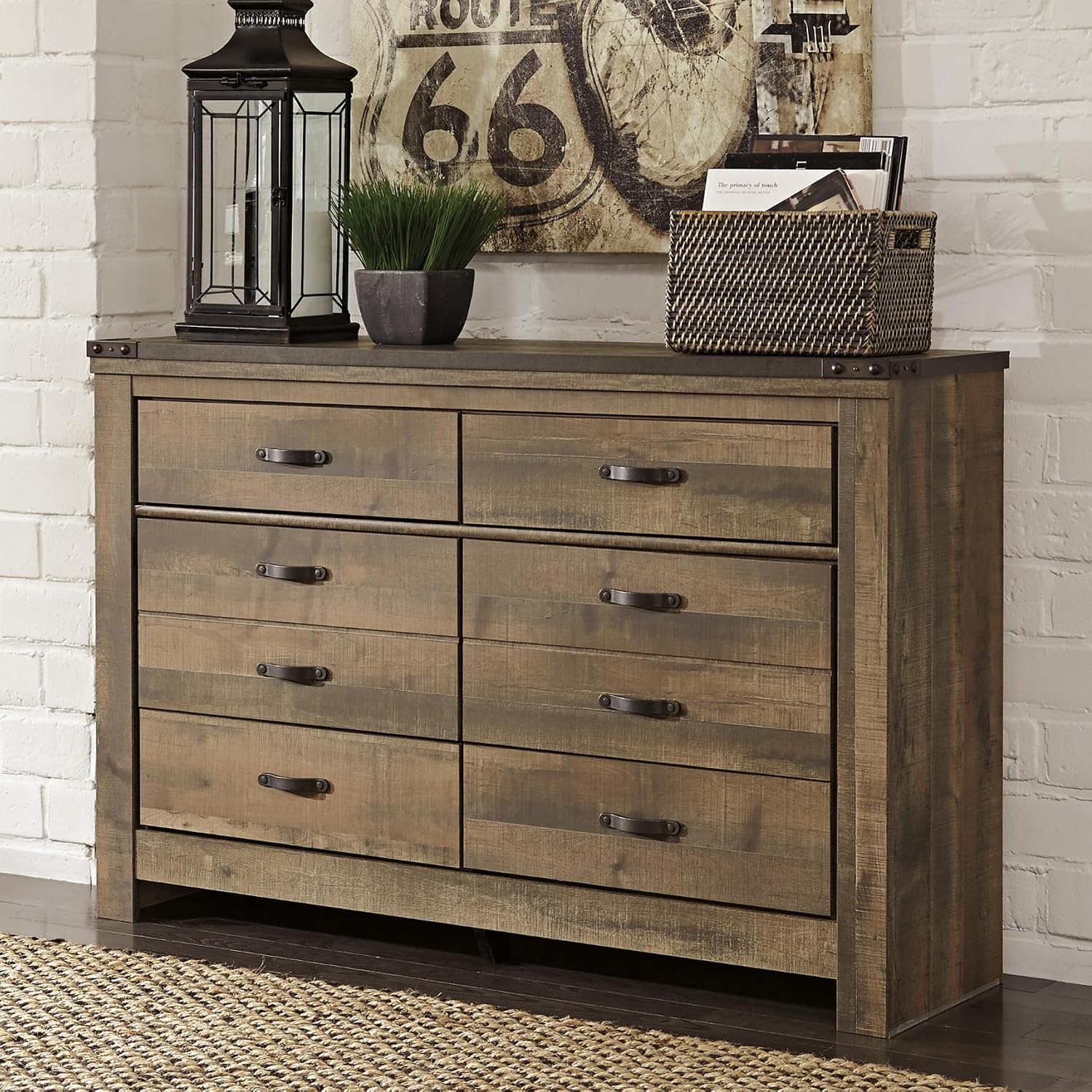 Signature Design by Ashley Trinell Rustic 6 Drawer Dresser with Safety Stop for Bedroom, Dark Brown