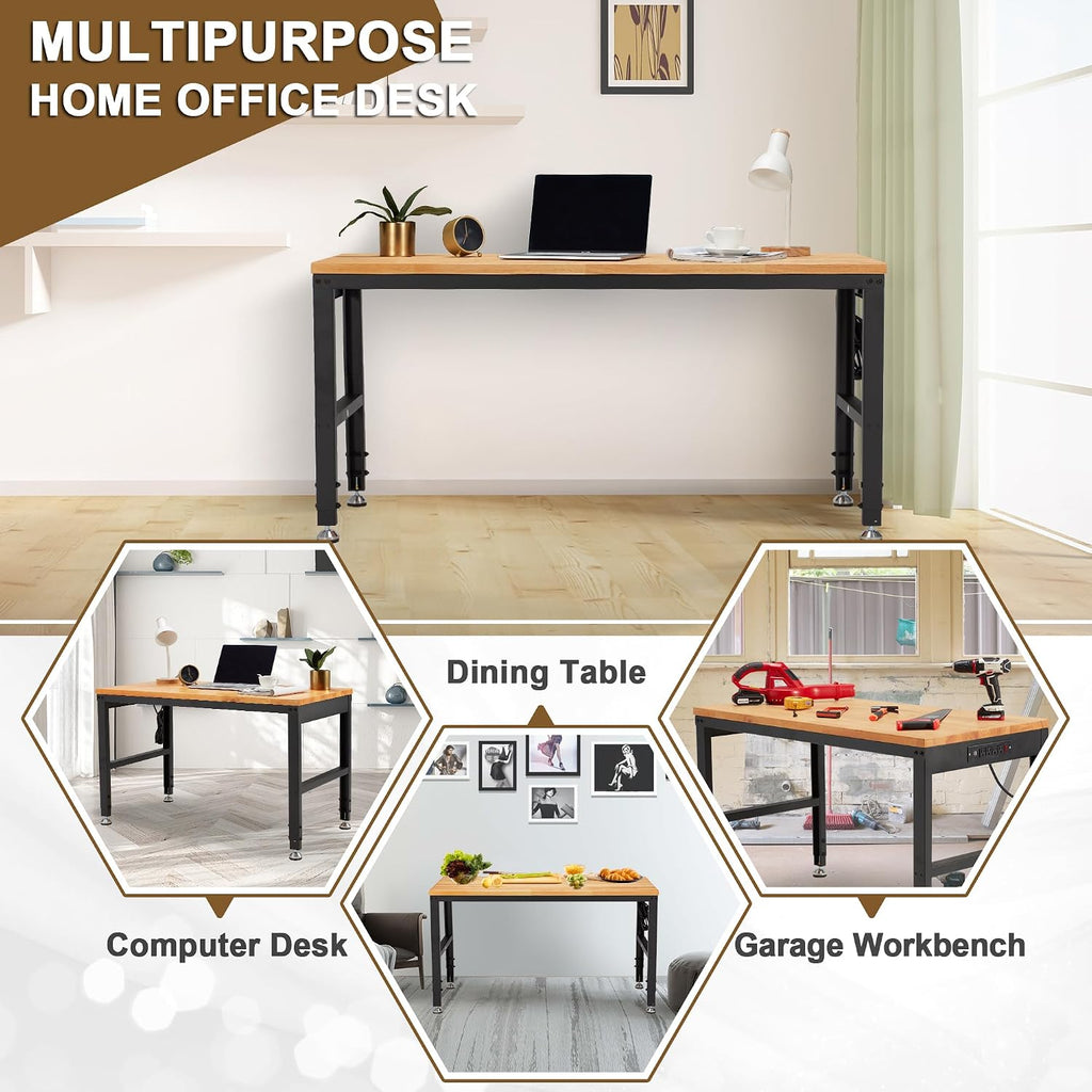HABUTWAY Height Adjustable Workbench 48'x 24' 2000 Lbs Capacity Solid Wood Work Station Heavy-Duty Work Tables with Power Outlets for Garage Party Shop Office