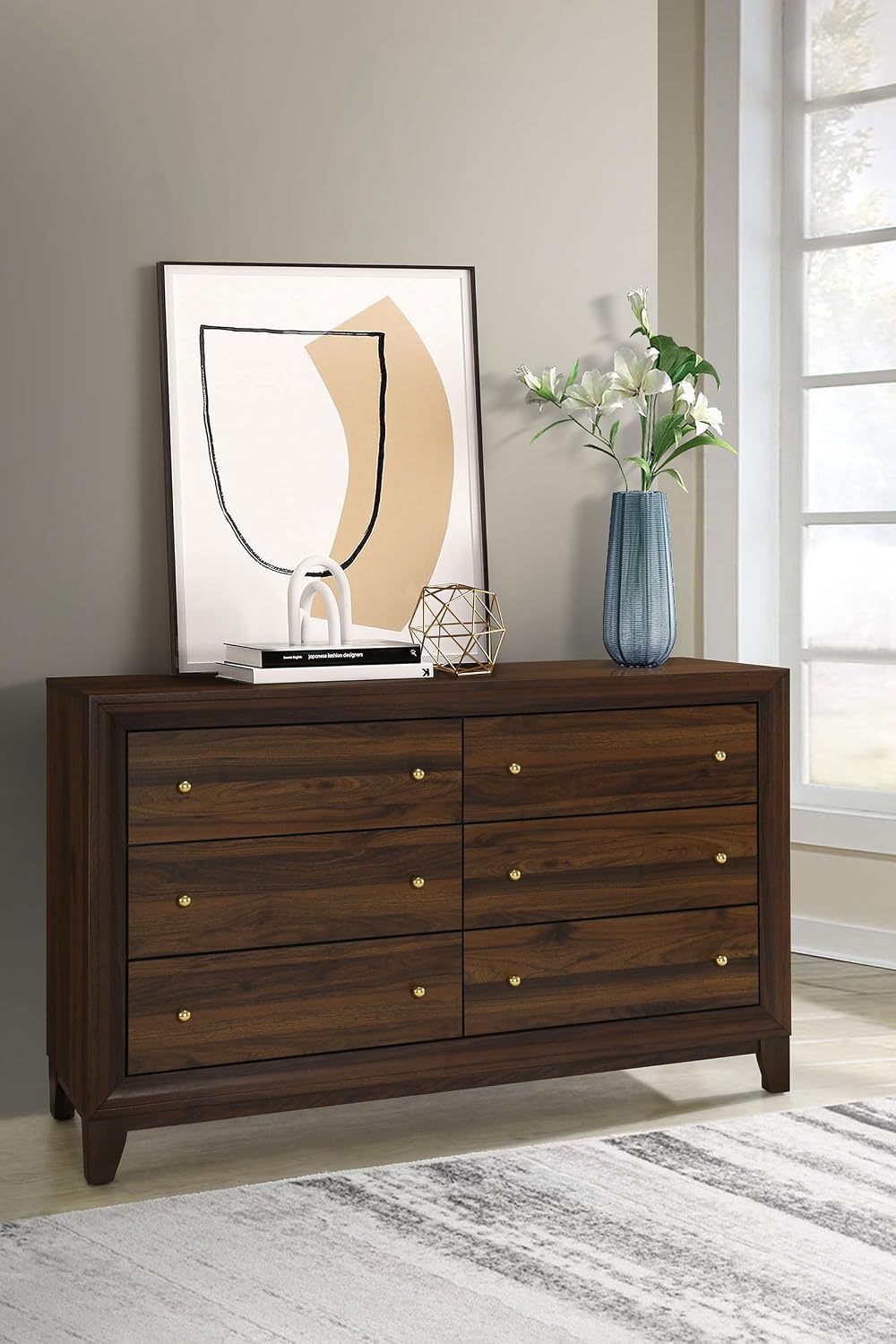 Coaster Home Furnishings - Welsley - Engineered Wood - 6-Drawer Dresser with Gold Round Knobs, Block Legs, Mitered Trim, Transitional Style - Bedroom - Walnut - 223443