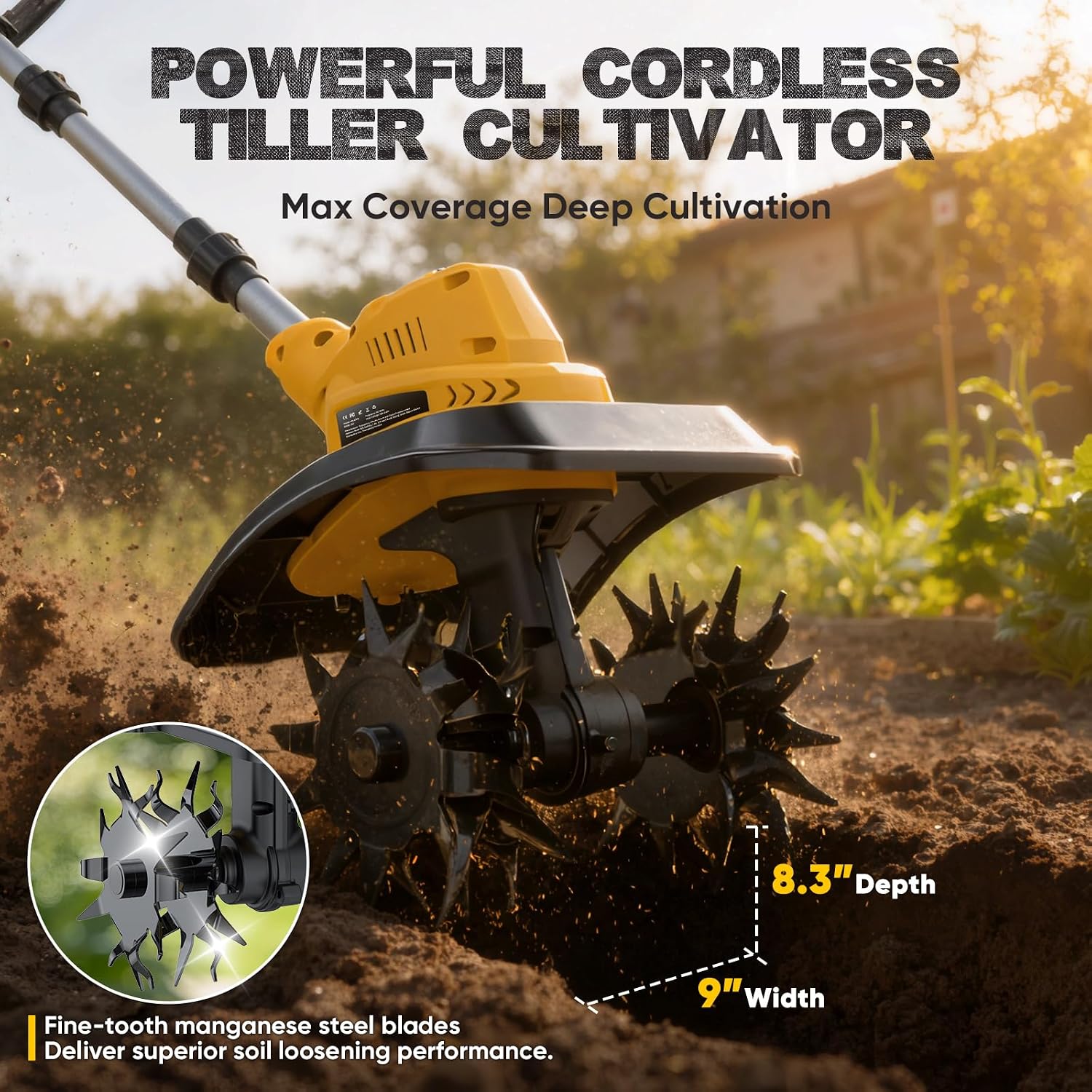 Cordless Tiller Cultivator, 400RPM Electric Rototiller with 2×4.0Ah Battery & Charger, 9' Width 8.3' Depth, Adjustable Foldable Garden Tiller with LED Power Display for Gardening/Soil Cultivation