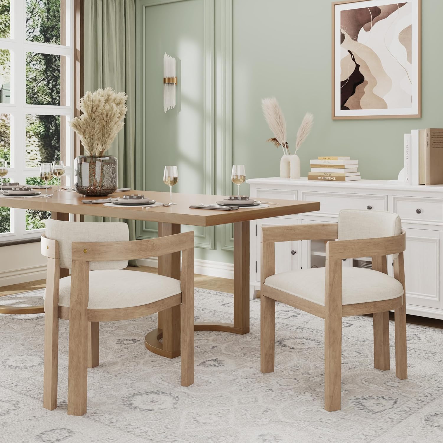 Christopher Knight Home Falcon Fabric Upholstered Dining Chairs Set of 2, Modern Wooden Dining Armchair, Curved Backrest Kitchen Side Chair, Living Room Accent Chair for Extra Seat, Light Ash+Beige