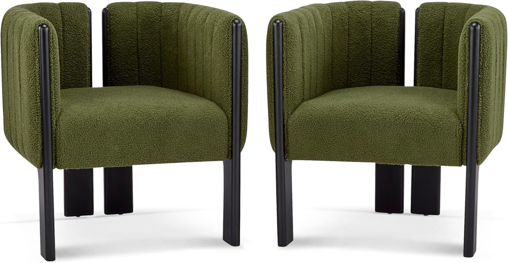 Christopher Knight Home Yusi Boucle Upholstered Dining Chairs Set of 2, Modern Wooden Dining Armchair, Curved Backrest Kitchen Side Chair, Living Room Accent Chair for Extra Seat, Black + Olive Green