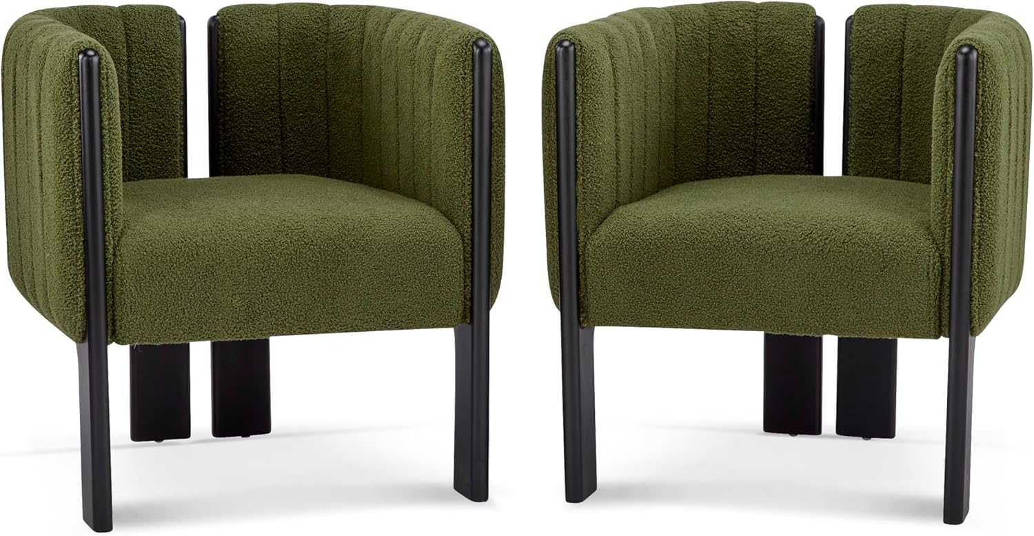 Christopher Knight Home Yusi Boucle Upholstered Dining Chairs Set of 2, Modern Wooden Dining Armchair, Curved Backrest Kitchen Side Chair, Living Room Accent Chair for Extra Seat, Black + Olive Green