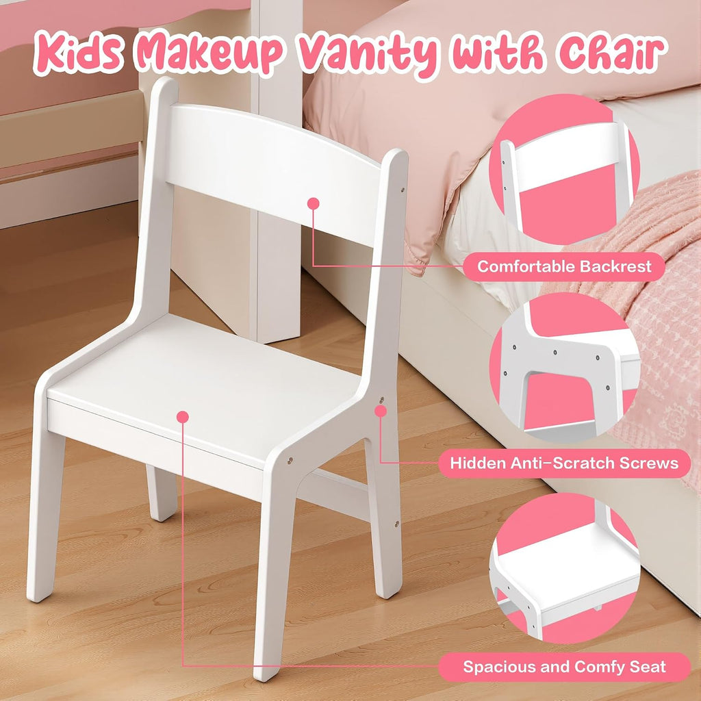 Kids Vanity with LED Mirror and Chair, Girls Vanity Set with Storage Cabinet and Shelves, Toddler Vanity Table and Chair Set for Bedroom Playroom, Pink and White Girl Vanity for Ages 3-8