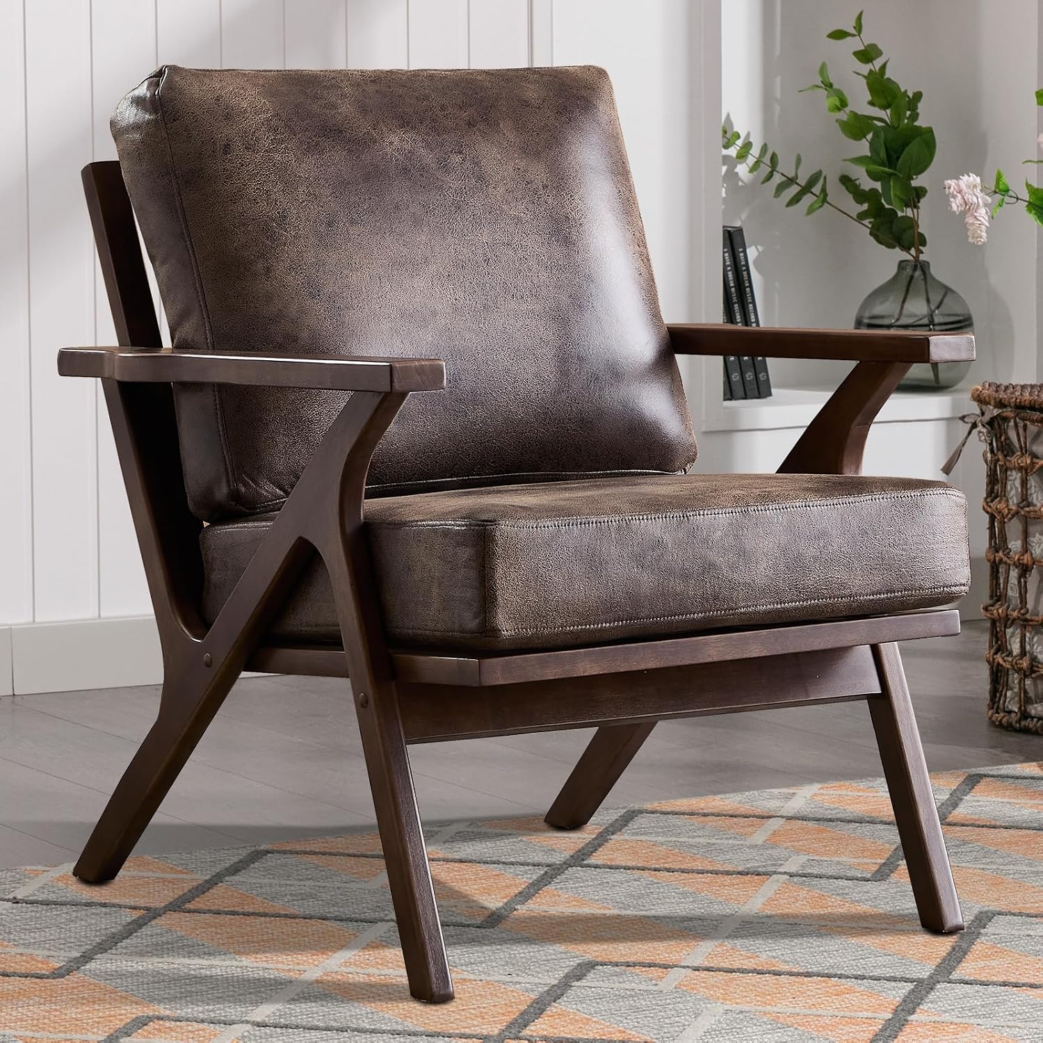 INZOY Mid-Century Modern Accent Chair with Wood Frame, PU Leather Living Room Chair and Soft Thick Padded Armchair for Living Room Bedroom Reception with Removable Upholstered Cushions, Dark Grey