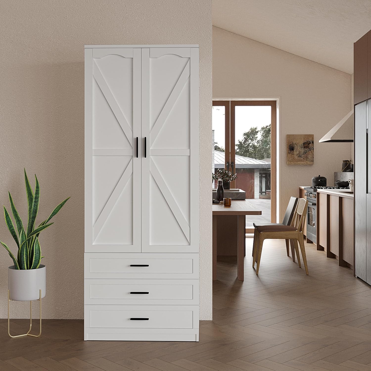 FJTJBSI 72' LED Kitchen Pantry Cabinet with 3 Drawers Farmhouse Tall Storage Cabinet Wood Food Pantry with Barn Doors and Adjustable Shelves Versatile Storage Freestanding Cupboard for Kitchen