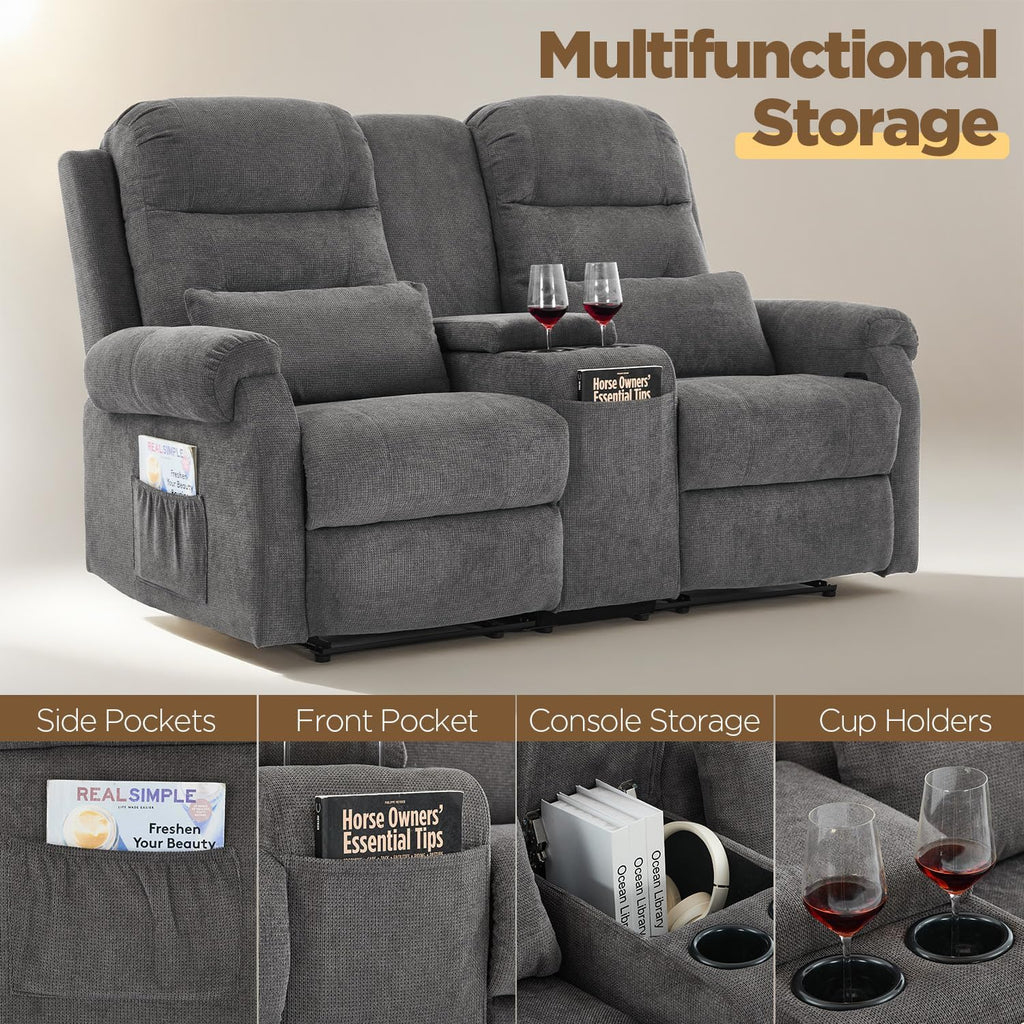 RV Loveseat Recliner with Console, Reclining Loveseat Sofa, Manual Home Theater Seating with Pockets/Cup Holders for Living Room/RV Furniture (Stone Chenille)