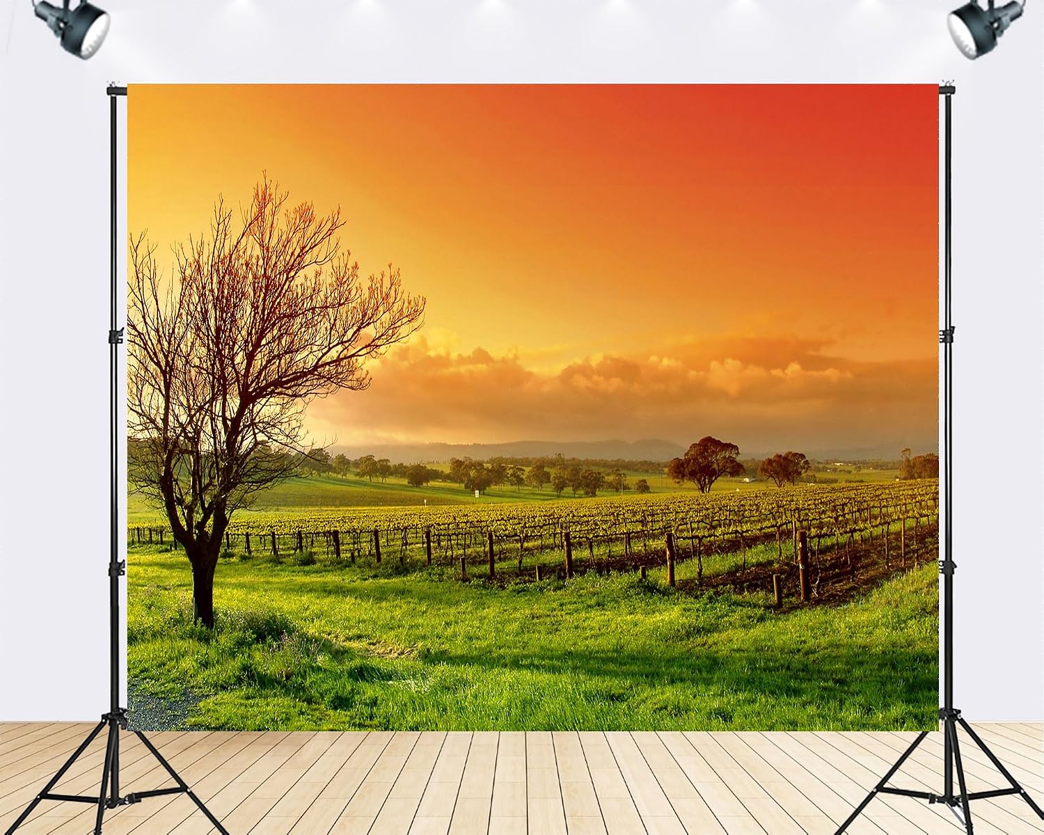 Trykid 20x10ft Vineyard Sunset Photography Backdrop Orange Green Landscape Tree Photo Background for Wedding Party Camping Decoration Home Tapestry Photo Studio Prop Fabric