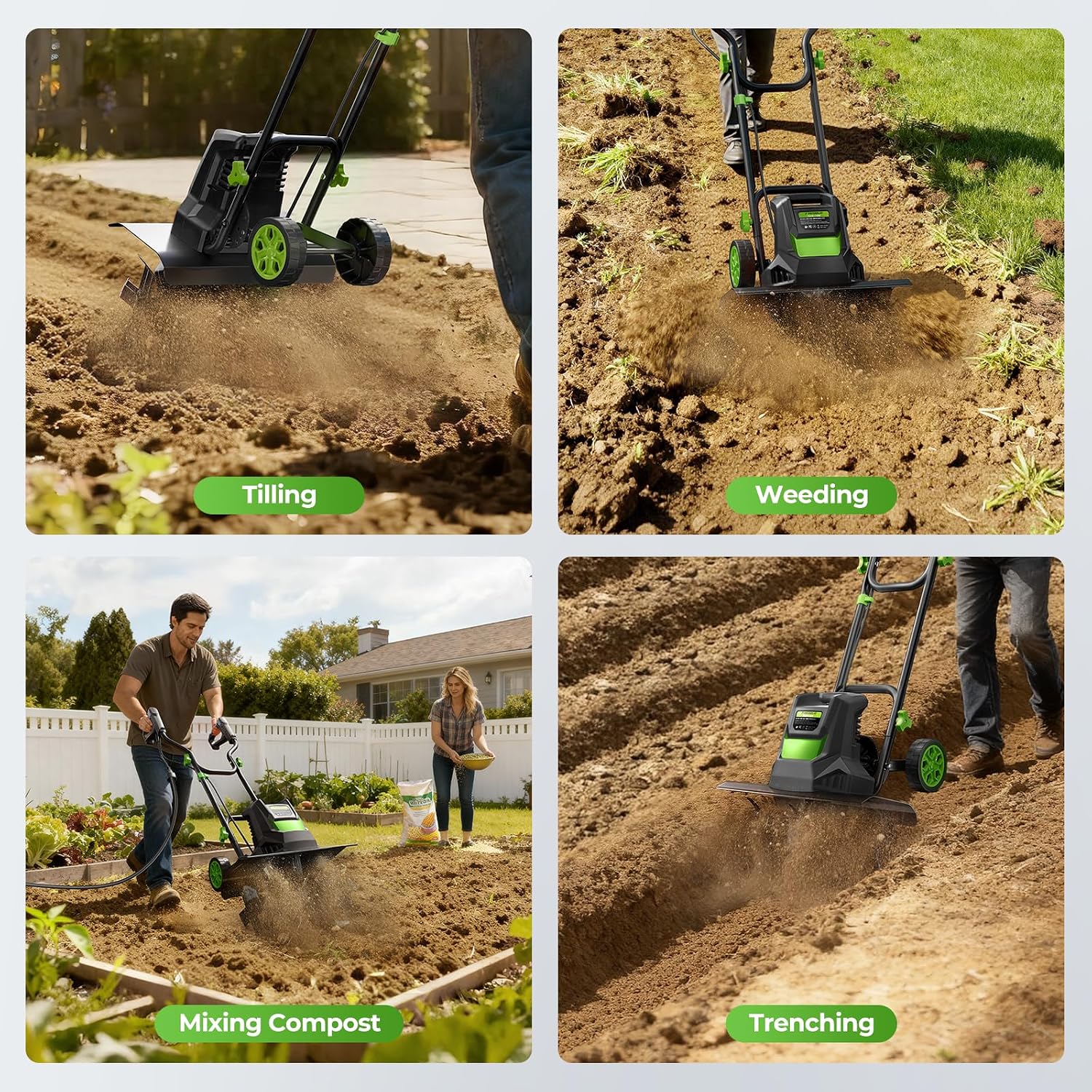 Electric Tiller for Gardening, 1800W 15A Garden Tiller Cultivator, 18' × 9' Rototiller with 24 Steel Tines, 400RPM Corded Tiller for Weeding, Gardening & Soil Cultivation