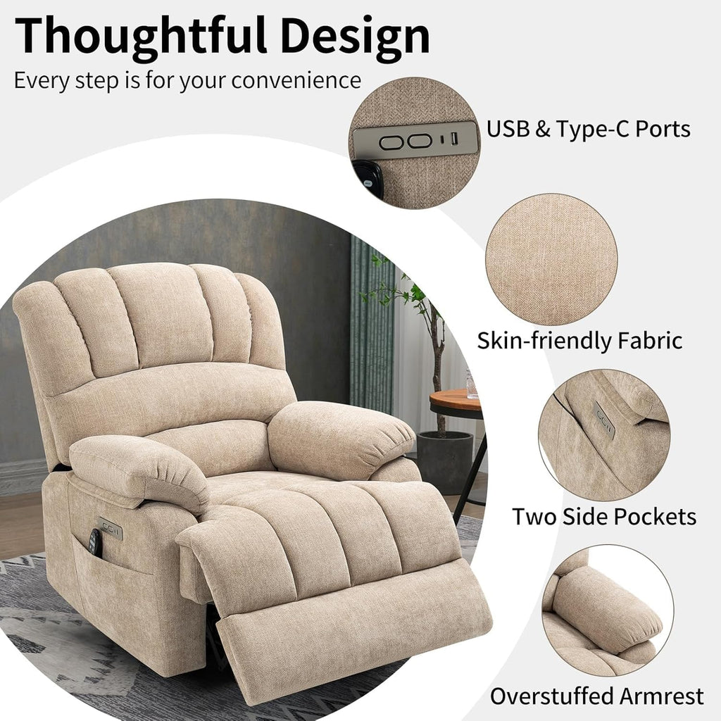Power Recliner with Vibration Massage & Lumbar Heat, Electric Lift Chairs for Elderly, High Back Reclining Max 155 Degree with Charging Ports, Chenille Fabric Beige