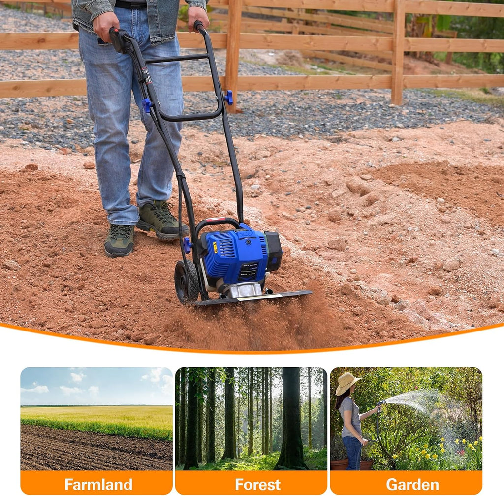 BILT HARD 46cc 4-Cycle 1.9HP Gas Powered Tiller Cultivator - 16' Heavy-Duty Steel Tines Rototiller, Adjustable Wheels & Cushioned Handle Grips for Plowing, Tilling, Weeding in Garden, Farm