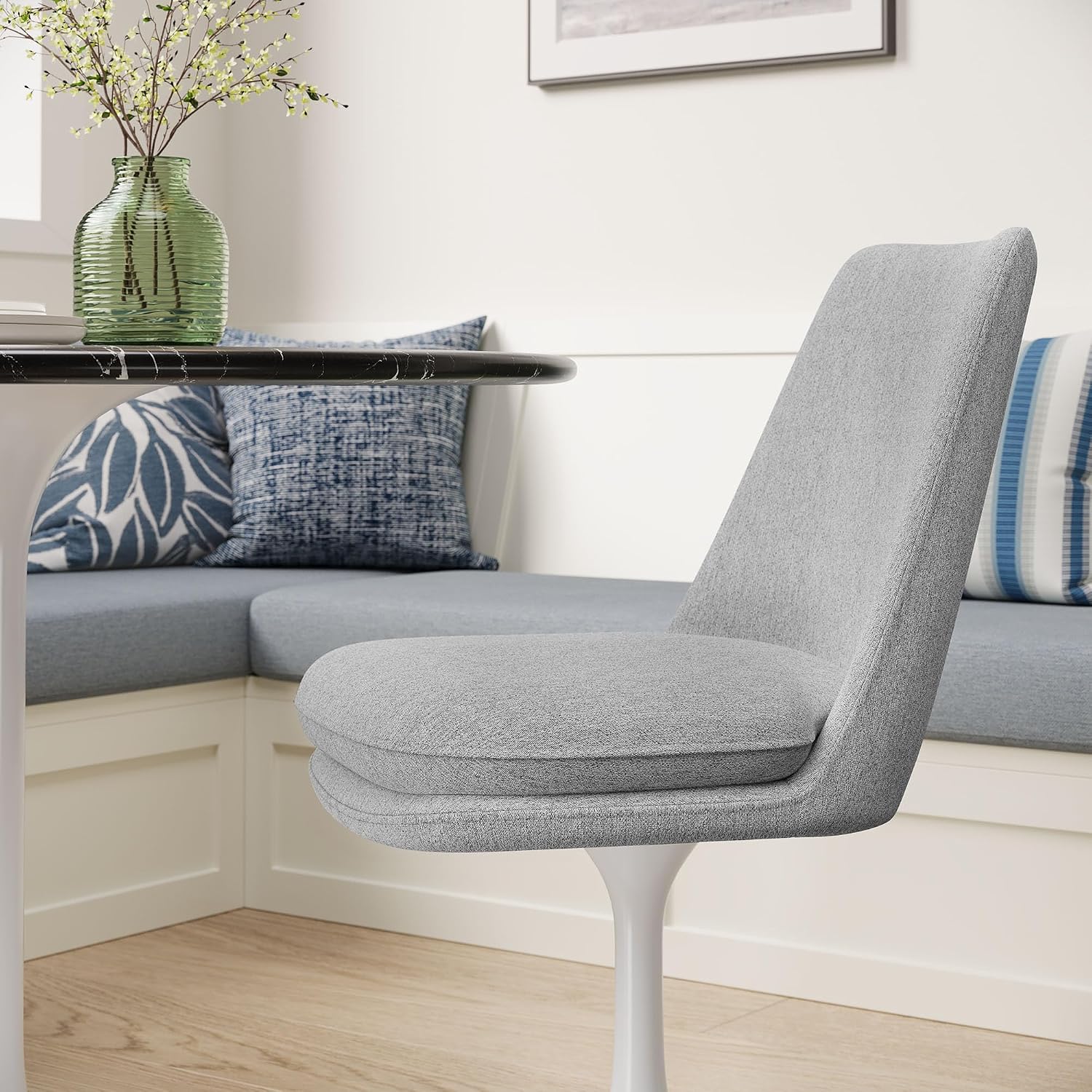 Modway Lippa Upholstered Swivel Dining Side Chair in White Light Gray - Armless Woven Heathered Fabric Accent Chair with Pedestal Base - 360° Office Desk Rotating Chair with No Wheels
