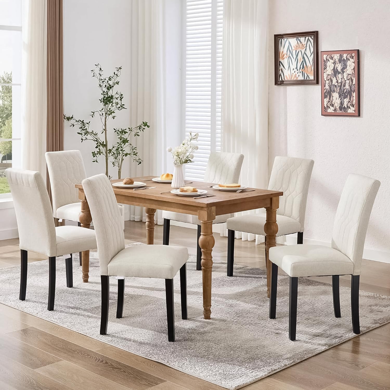 VECELO Upholstered Dining Chairs Set of 6, Modern Accent Parsons with Comfort Seat, Solid Wood Legs w/Rubber Footpads, for Living Room Kitchen, Beige