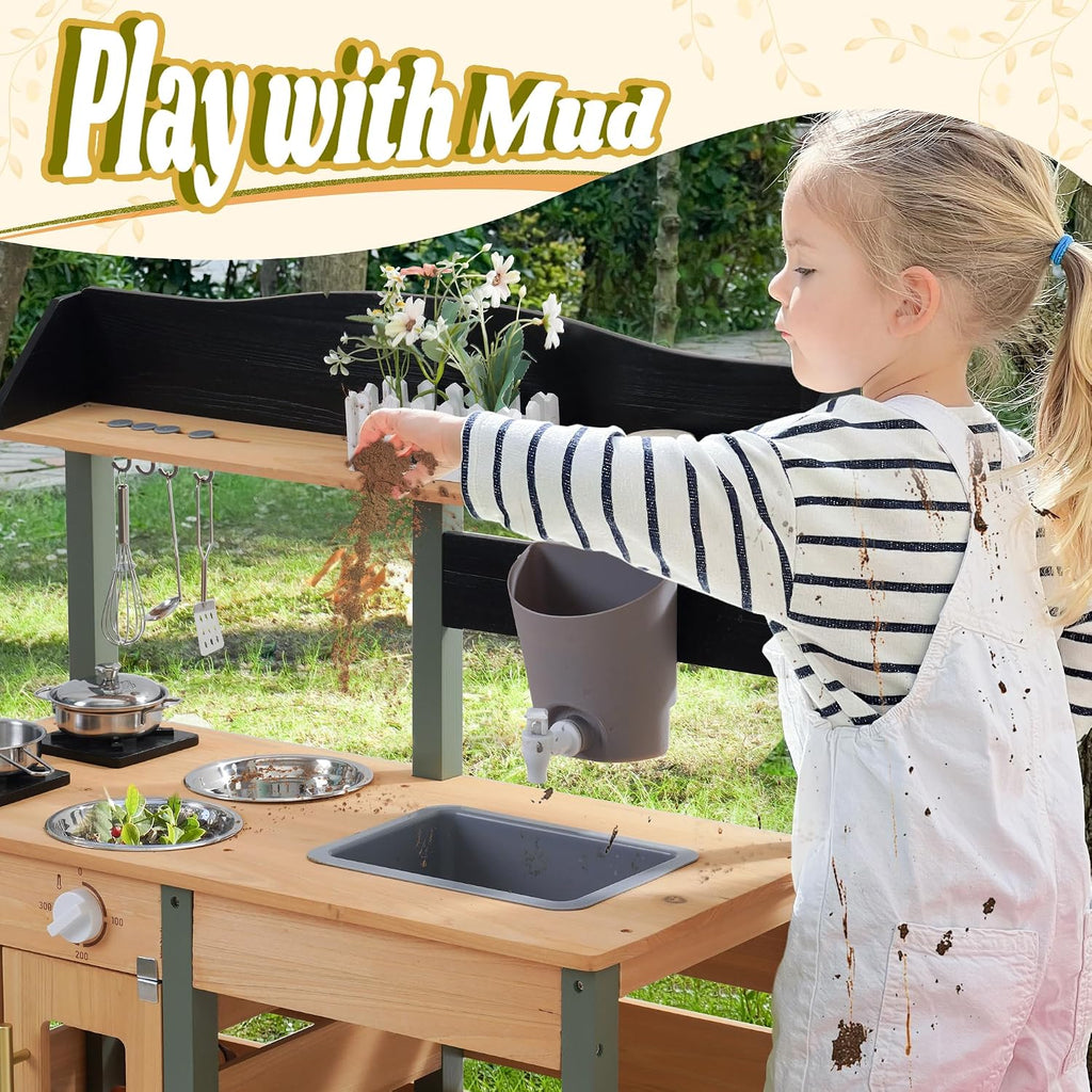 ROBOTIME Mud Kitchen for Kids Outdoor, Wood Outdoor Kitchen with Insect Observation Box & Planter Box, Toddler Play Kitchen with Removable Sink & Faucet, Pretend Outdoor Playset