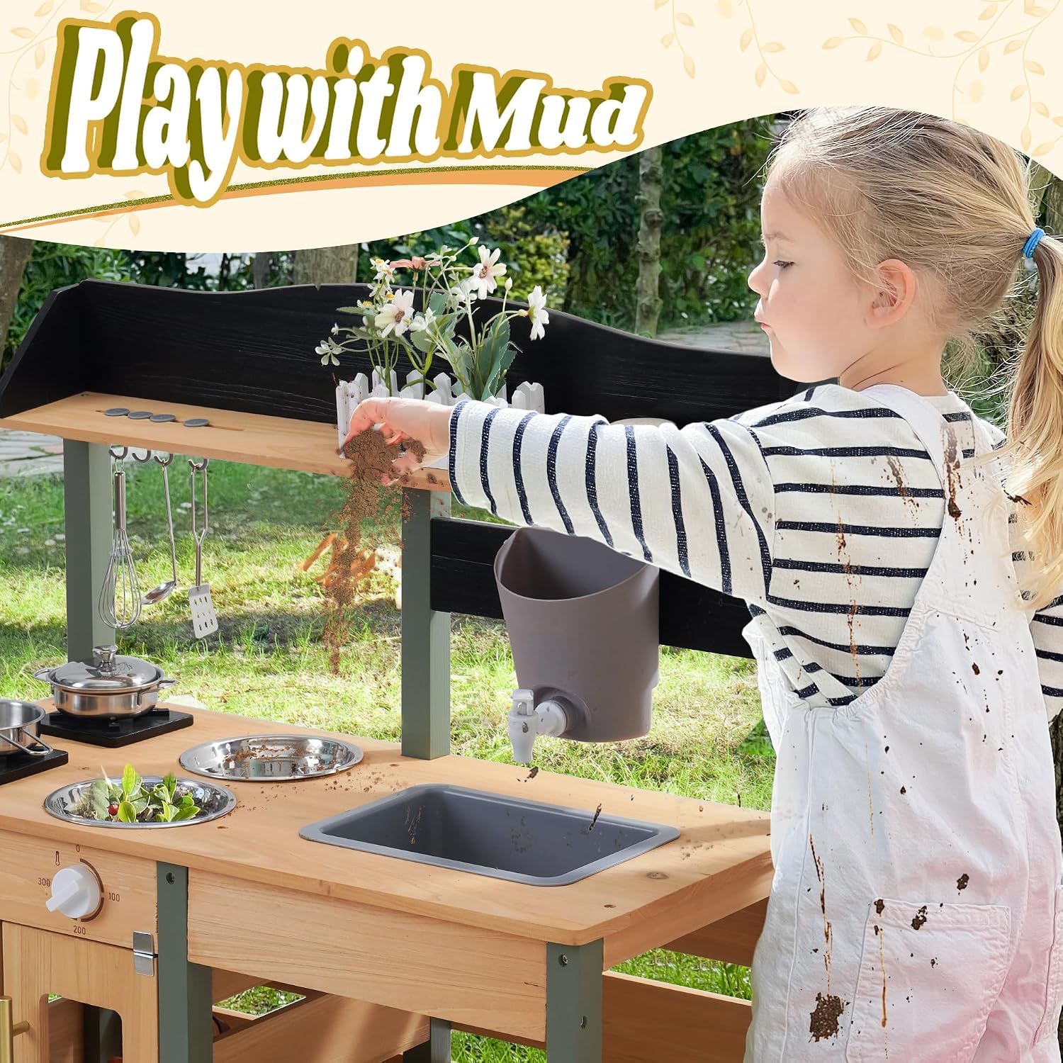 ROBOTIME Mud Kitchen for Kids Outdoor, Wood Outdoor Kitchen with Insect Observation Box & Planter Box, Toddler Play Kitchen with Removable Sink & Faucet, Pretend Outdoor Playset