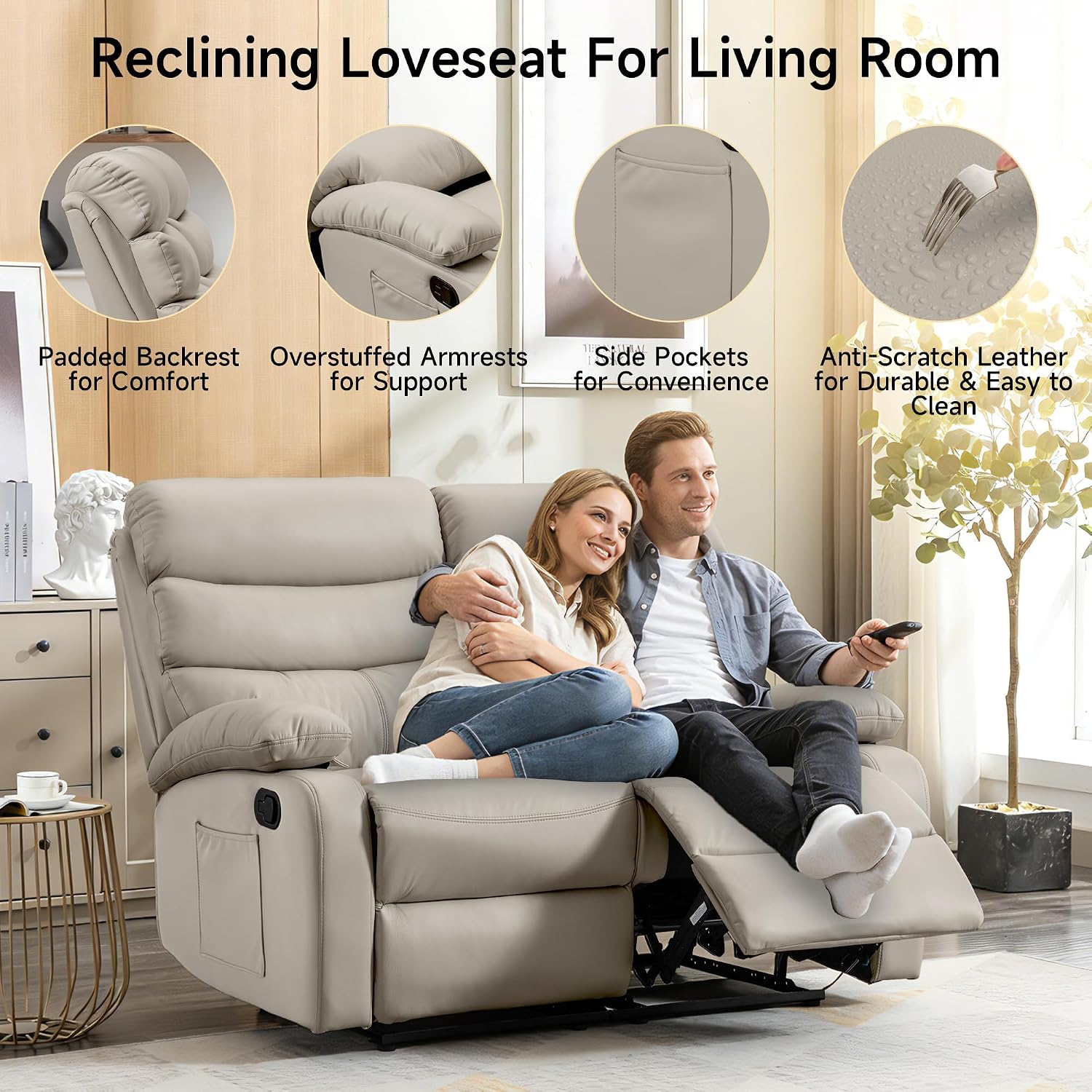 Reclining Loveseat Sofa, Anti-Scratch Leather Manual Loveseat Recliner with Side Pocket, Wall Hugger Loveseat Recliner for Living Room, RV, Home Theater(Beige)
