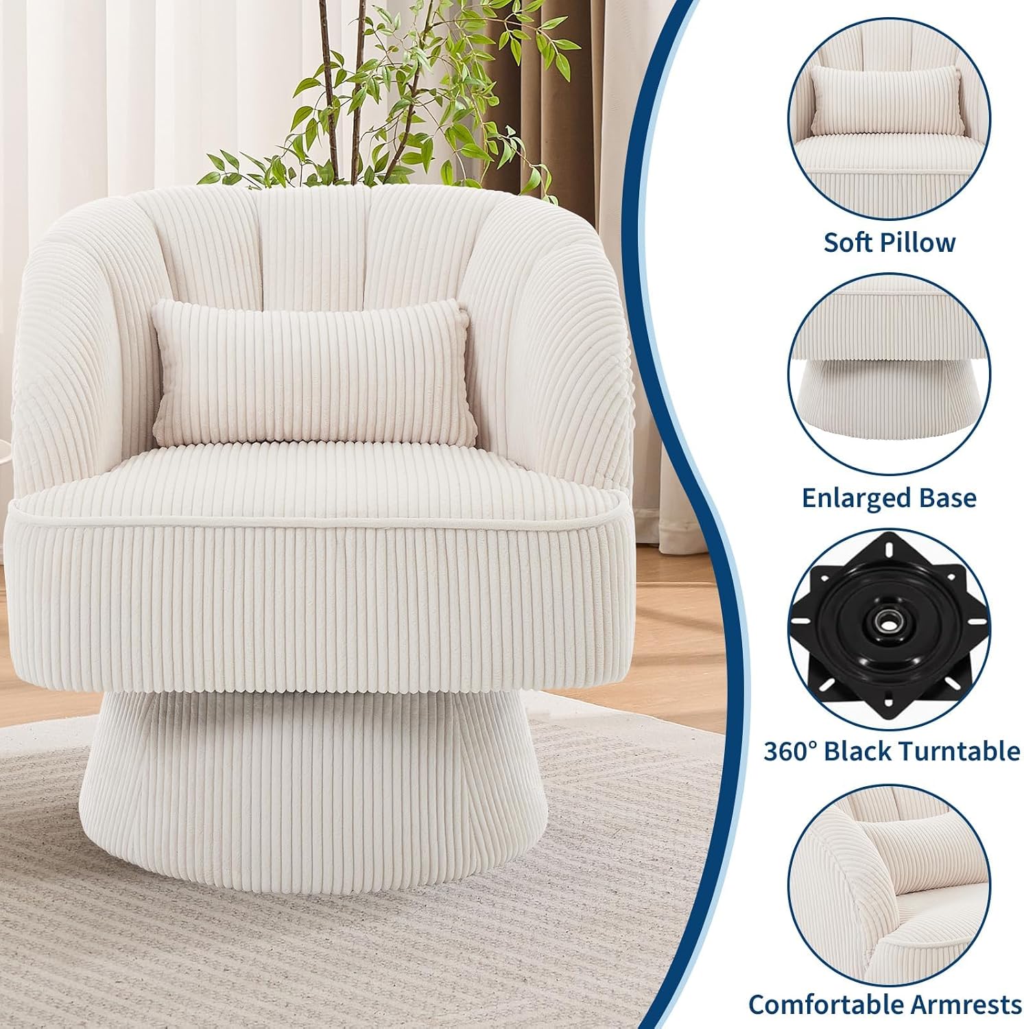 GAOMON Modern Swivel Barrel Accent Chair, 360° Corduroy Upholstered Armchair with Striped Backrest & Plush Padding, Comfy Round Lounge Chair for Living Room, Bedroom, Reading Nook - Beige