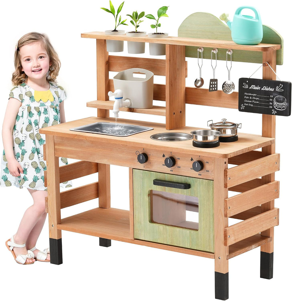 OLLIKIVI Outdoor Play Kitchen for Kids | Wooden Mud Kitchen Set with Removable Sink, Planting Area, Oven, Stove, Dual-Sided Chalkboard & Storage | Backyard Pretend Toy | Ages 3+