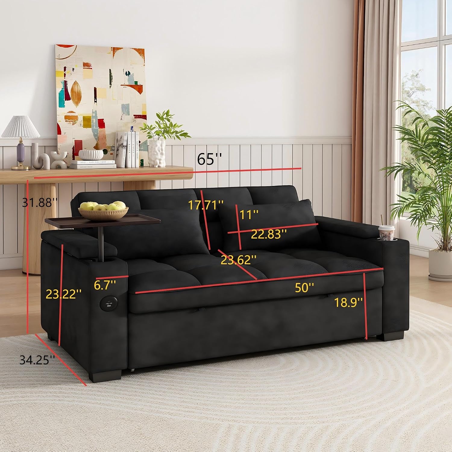 KEIKI 65' Sleeper Sofa Bed, 3-in-1 Pull Out Couch with Adjustable Backrest, 90° Rotating Side Table, USB & Type-C Charging Ports, Hidden Storage Armrests, Space Saving Sofa for Apartment Guests