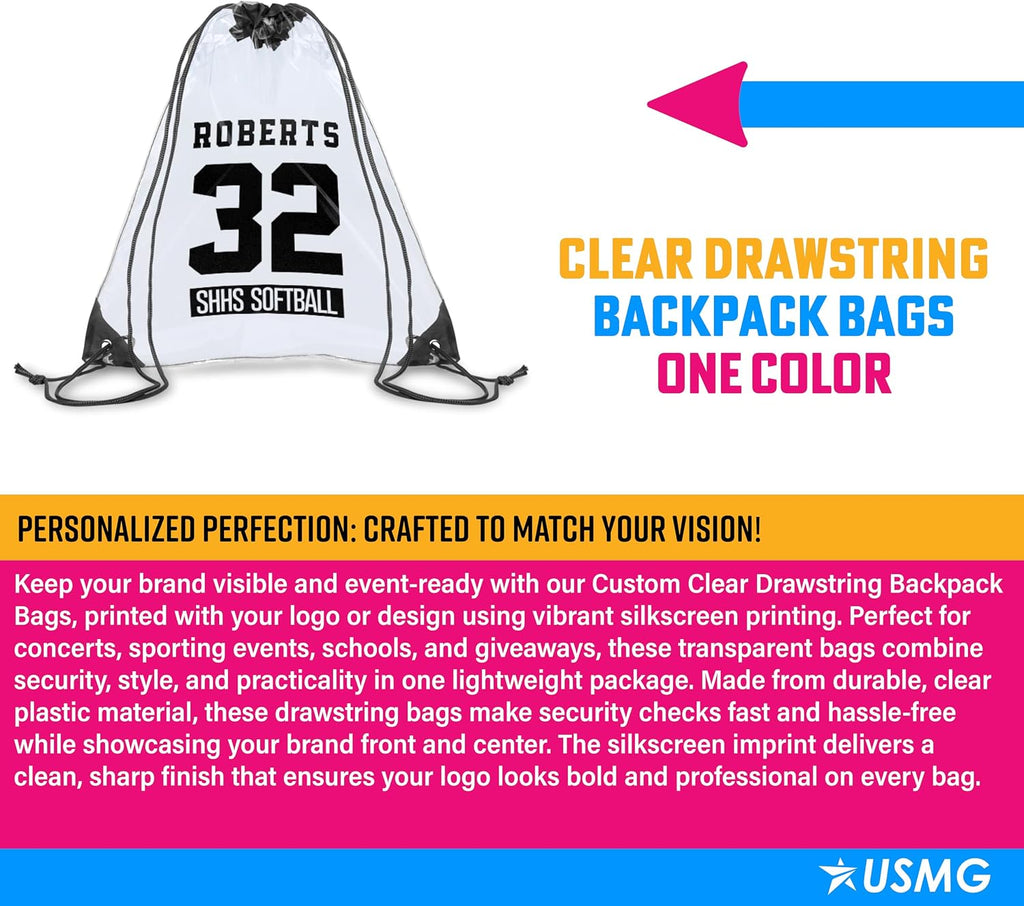 USMG Personalized Clear Drawstring Bags – Custom One Color Imprint for Business & Events (Clear/Royal Blue, QTY 50)
