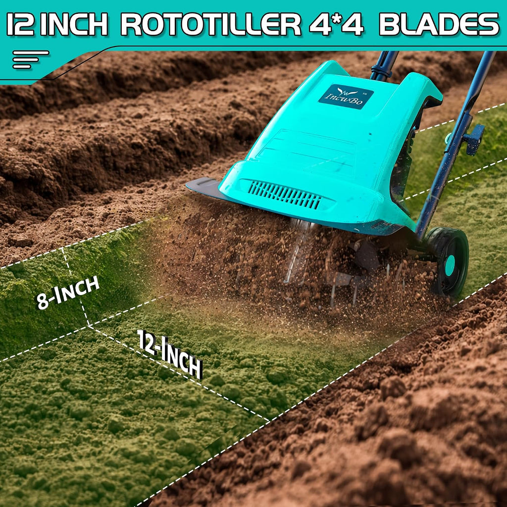 IncwBo 15 Amp 12 Inch Electric Tiller/Cultivator with 4 Steel Tines Small Garden Tiller for Gardening, Corded Rototiller with Adjustable Wheels