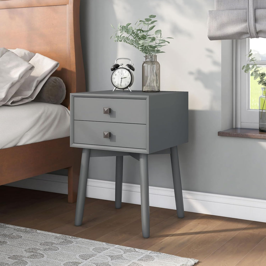 24/7 Shop at Home Goerge Mid-Century Modern Nightstand, Solid Rubber Wood Dresser, Small Bedside Tables with 2 Drawers, with Tapered Legs for Bedroom, Living Room, Home Office, Gray