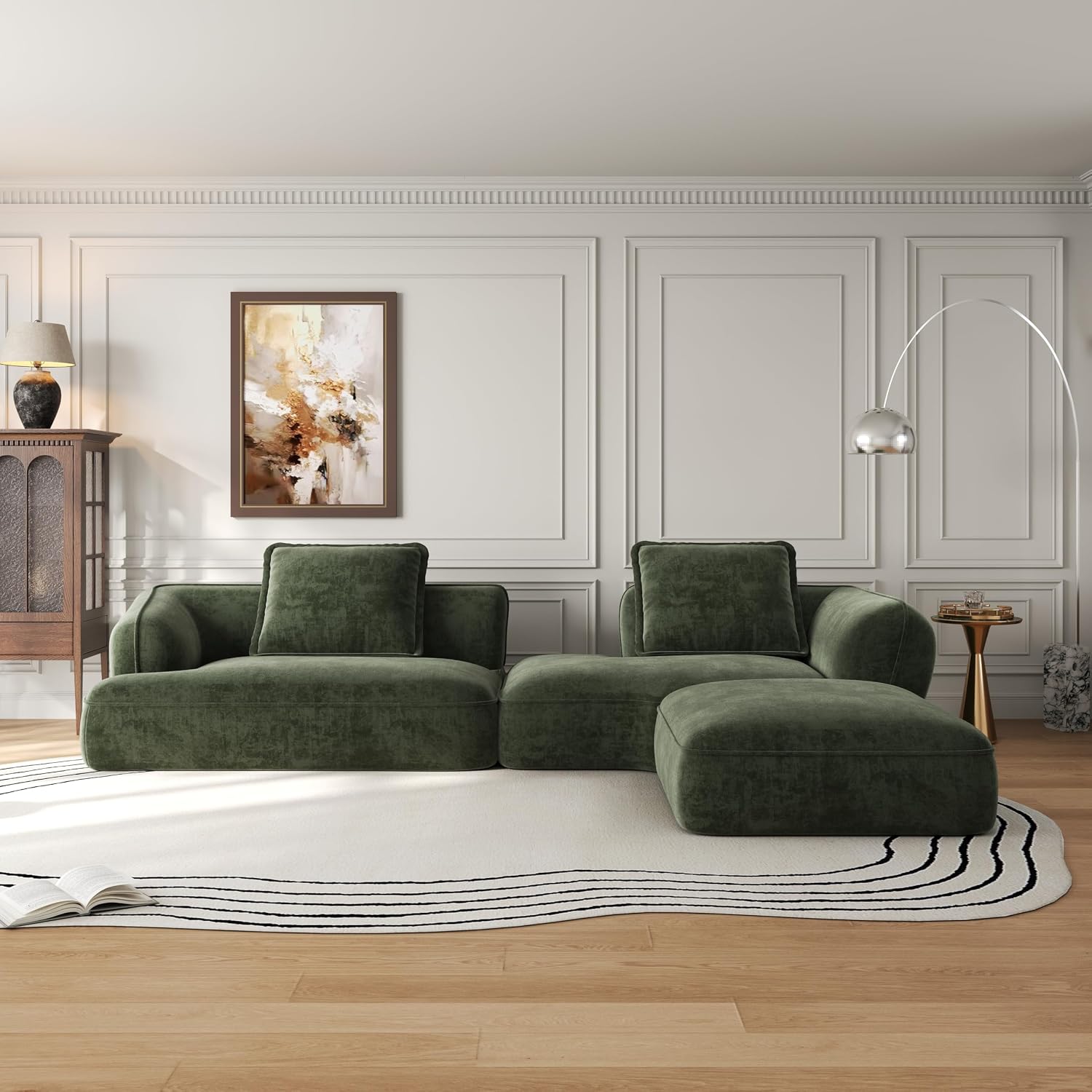 Christopher Knight Home Zacha 121' Modular L-Shape Sofa Couch with Chaise Lounge, Modern Boneless Sofa for Living Room, Fabric Upholstered Cloud Couch with Deep Seat, Olive Green