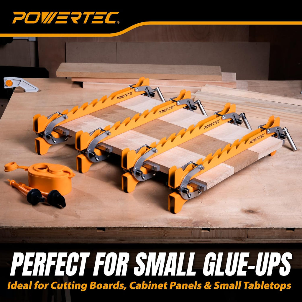 POWERTEC 16' Panel Clamps, 4-Way Pressure Cabinet Clamp Set with Storage Rack, Panel Glue-Up Clamps for Cutting Boards, Tabletops & Wood Panels (72436)