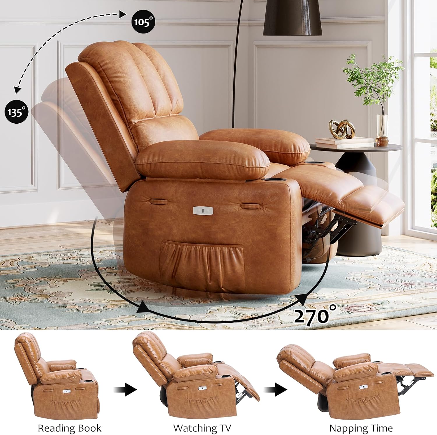 IDEALHOUSE Power Recliner Chair with Massage and Heat, Leather Fabric Reclining Sofa Chair, 360° Swivel Recliner Chairs with Cup Holder for Living Room, Bedroom, Nursery, Retro Brown