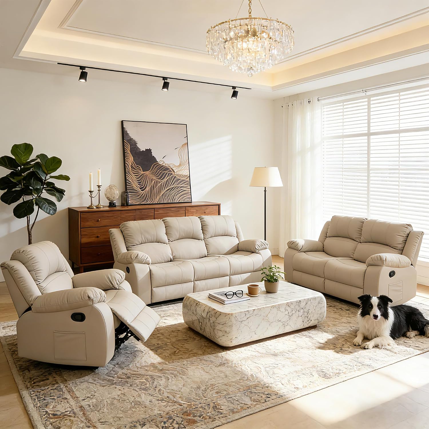 Reclining Loveseat Sofa Leather Recliner Sofa 3 Seater Couch for Living Room, Home Theater Seating(3 Seat,Beige)