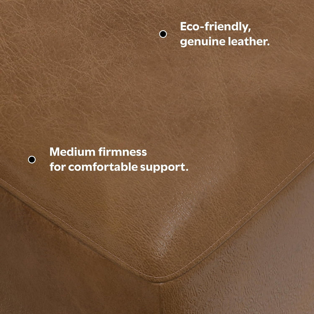 SIMPLIHOME Rex Ottoman - 34 inch Wide Upholstered Genuine Leather Square Ottoman in Caramel Brown, Modern Bench for Living Room or Bedroom with High-Density Cushion, Assembled