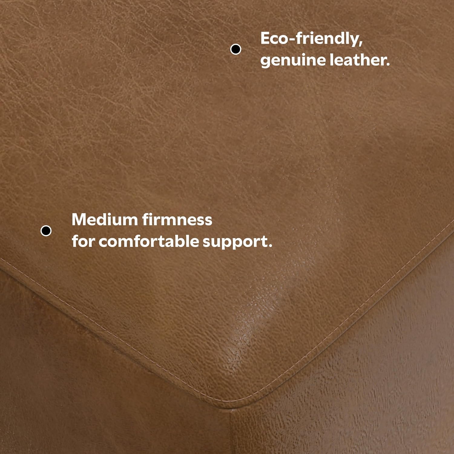 SIMPLIHOME Rex Ottoman - 34 inch Wide Upholstered Genuine Leather Square Ottoman in Caramel Brown, Modern Bench for Living Room or Bedroom with High-Density Cushion, Assembled