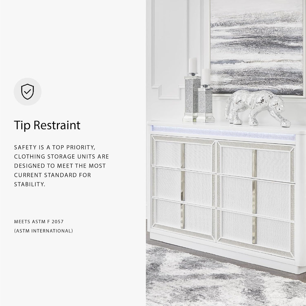 Signature Design by Ashley Chalanna Contemporary Dresser with 6 Drawers, Built-in LED Lighting, Rhinestone Details, Wood, White, 64' W x 20' D x 38.75' H