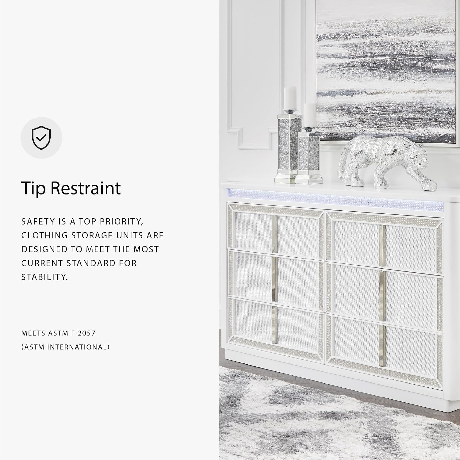 Signature Design by Ashley Chalanna Contemporary Dresser with 6 Drawers, Built-in LED Lighting, Rhinestone Details, Wood, White, 64' W x 20' D x 38.75' H