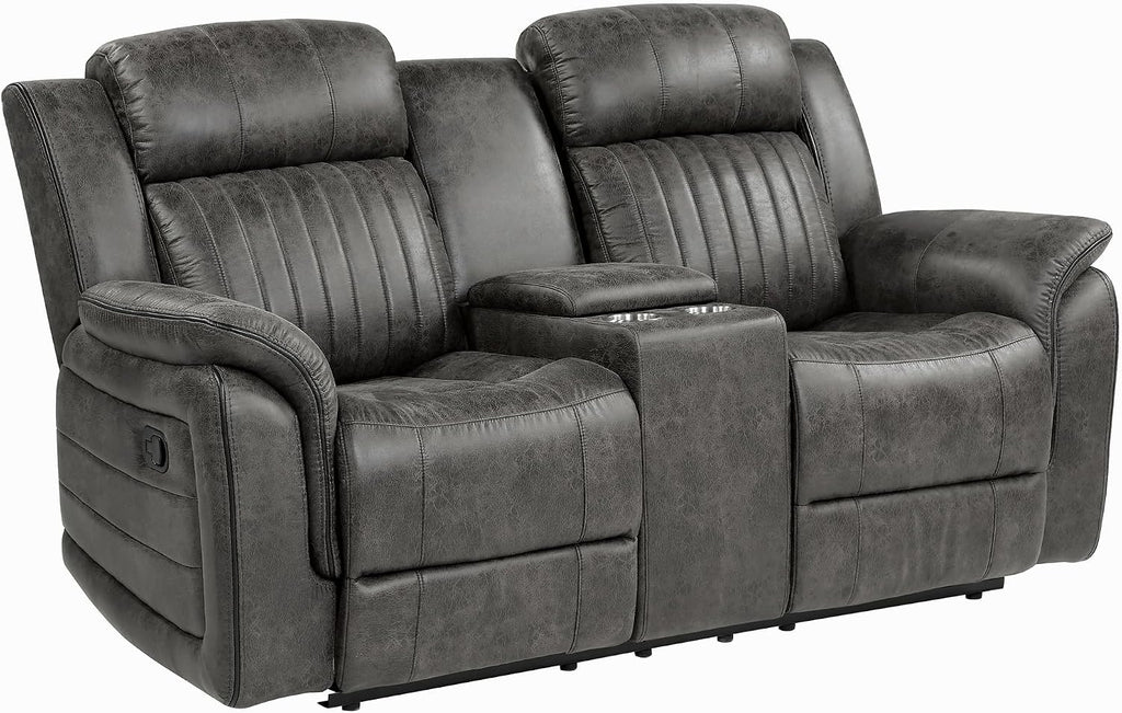Lexicon Recliner Living Room Set, Home Theater Seating, Manual Polished Microfiber Upholstery Sofas, RV Couch Including Double Recliner Sofa, Loveseat and Chair, 3-Piece Set, Brownish Gray