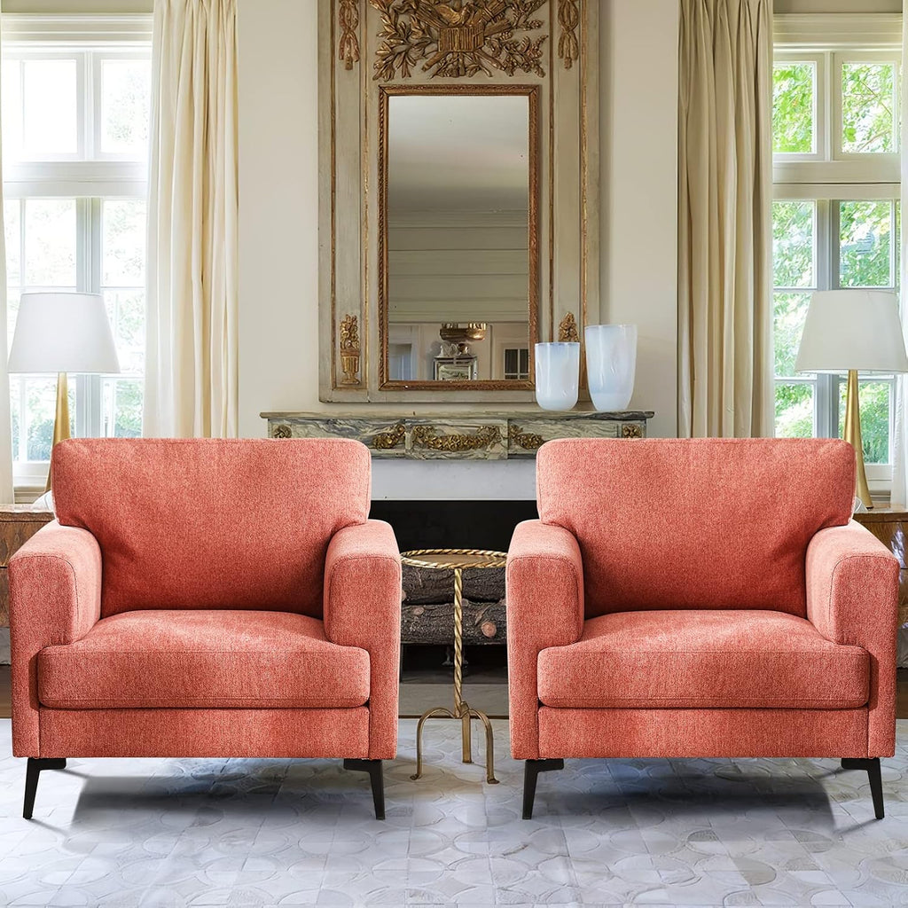 CDCASA Accent Chair, Linen Fabric Oversized Mid Century Modern Chair Set of 2, Comfy Upholstered Armchair Reading Accent Chairs Sofa Chairs for Bedroom Living Room, Coral Pink
