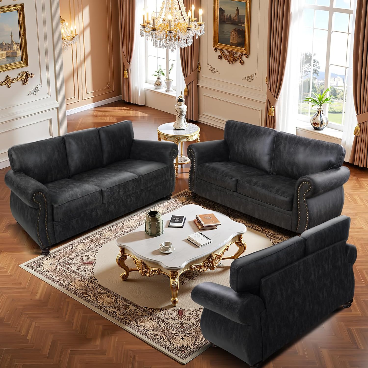 Couchus Living Room Furniture Sets,Sofa Sets and Couch Sets for Living Room,Mid-Century Vintage Sofa Couches with Rivet Design (Grey, 2 Loveseat+3 Seater)