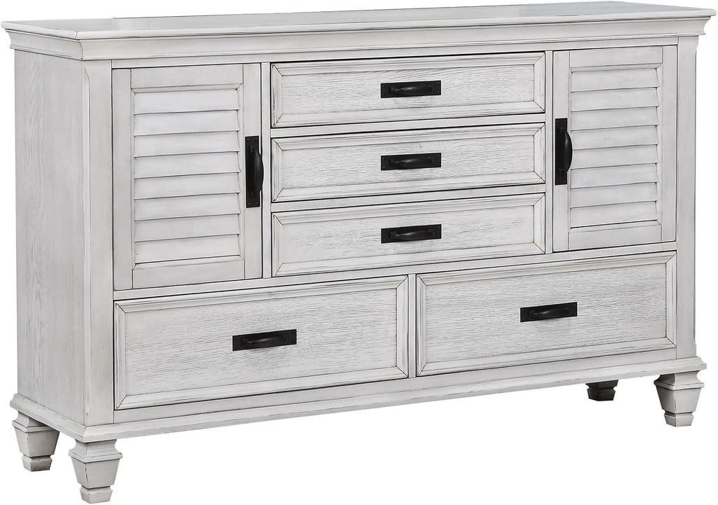 Coaster Home Furnishings - Franco - Wood - 5-Drawer Dresser with Farmhouse Style, Soft-Closing Glides, Two Side Cabinets, Pull Handles, Turned Legs - Bedroom - Distressed White - 205333