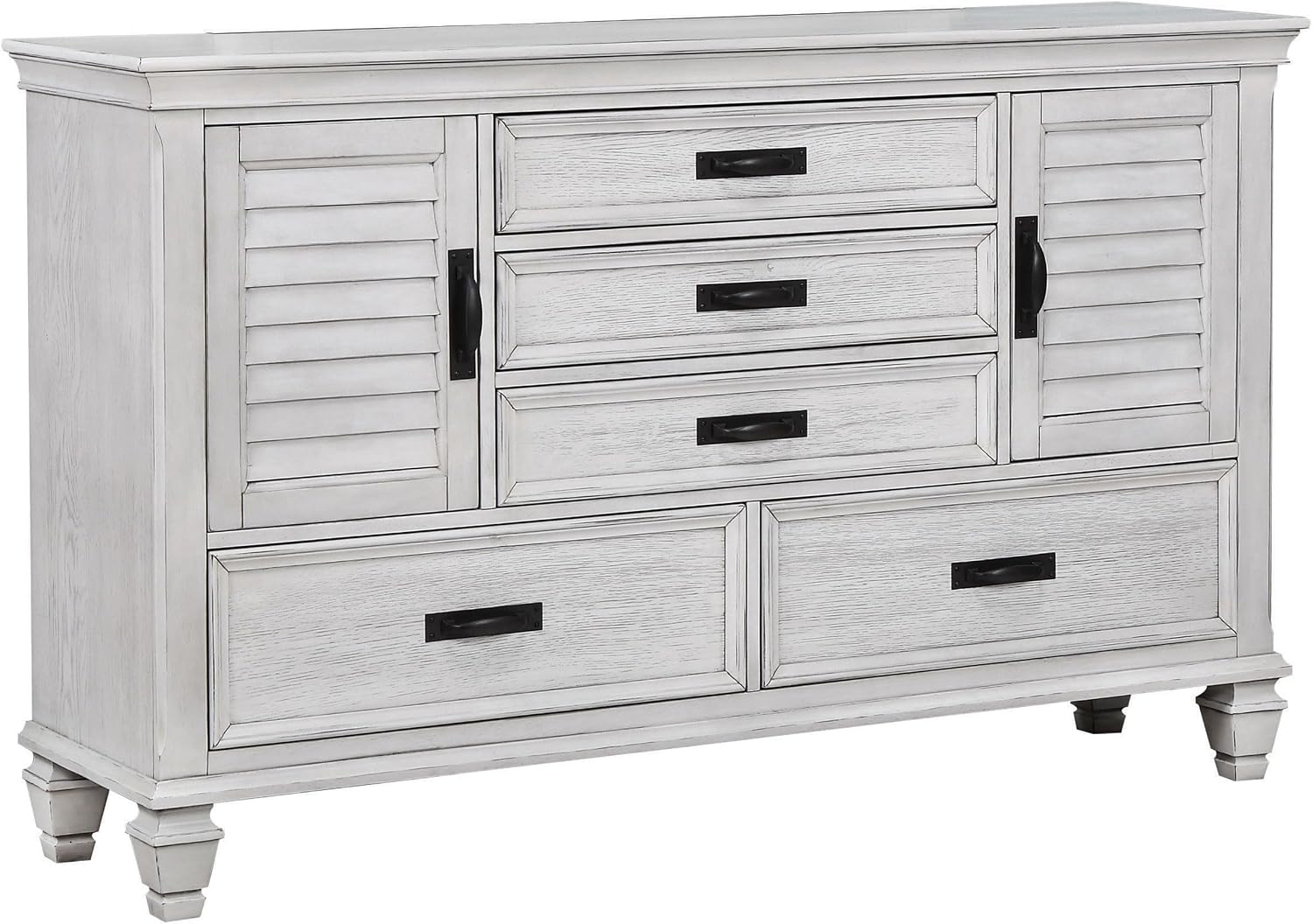 Coaster Home Furnishings - Franco - Wood - 5-Drawer Dresser with Farmhouse Style, Soft-Closing Glides, Two Side Cabinets, Pull Handles, Turned Legs - Bedroom - Distressed White - 205333