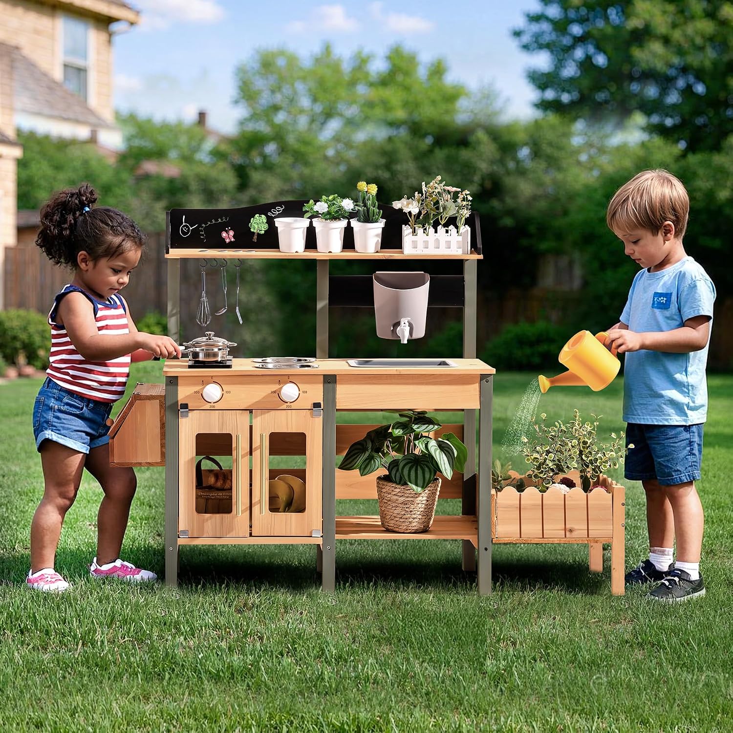 ROBOTIME Mud Kitchen for Kids Outdoor, Wood Outdoor Kitchen with Insect Observation Box & Planter Box, Toddler Play Kitchen with Removable Sink & Faucet, Pretend Outdoor Playset