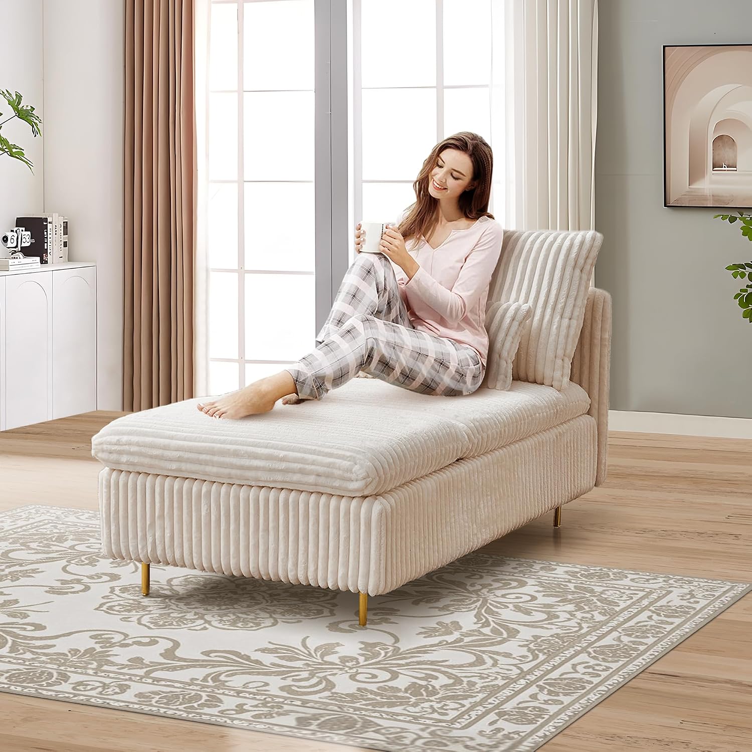 62.6' Corduroy Chaise Lounge Indoor, Modern Longue Chair Upholstered Chaise Longue with Support Pillow & Golden Metal Legs, Sleeper Sofa Recliner for Bedroom, Living Room, Office, Beige