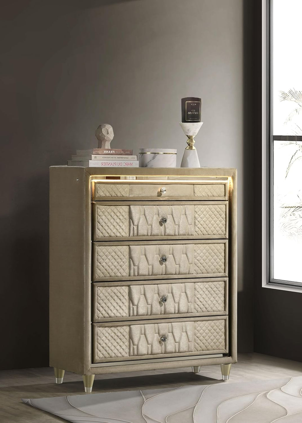 Coaster Home Furnishings - Lorient - Wood and Velvet - 5-Drawer Chest with Built-in LED Lighting, Crystal Knobs and English Dovetail Joinery - Bedroom - Ivory and Camel - 222665