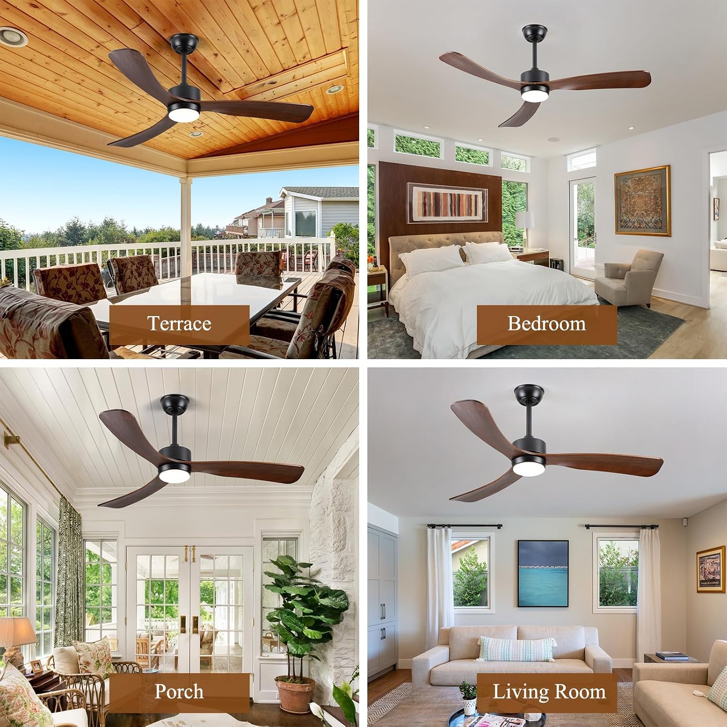52 Inch Low Profile Ceiling Fan with Lights, Flush Mount Ceiling Fan, 3 Wood Blades, Noiseless DC Motor - Timer Function, 6 Adjustable Wind Speeds, for Patios, Bedrooms, Living Rooms(Walnut Wood)