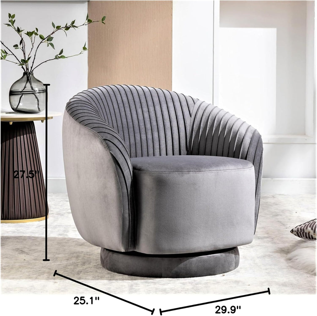 Container Furniture Direct Modern Barrel Swivel Chair with Plush Velvet Upholstery and Smooth 360° Rotation, Round Accent One-Seater Sofa for Living Room, Bedroom, and Office, Grey