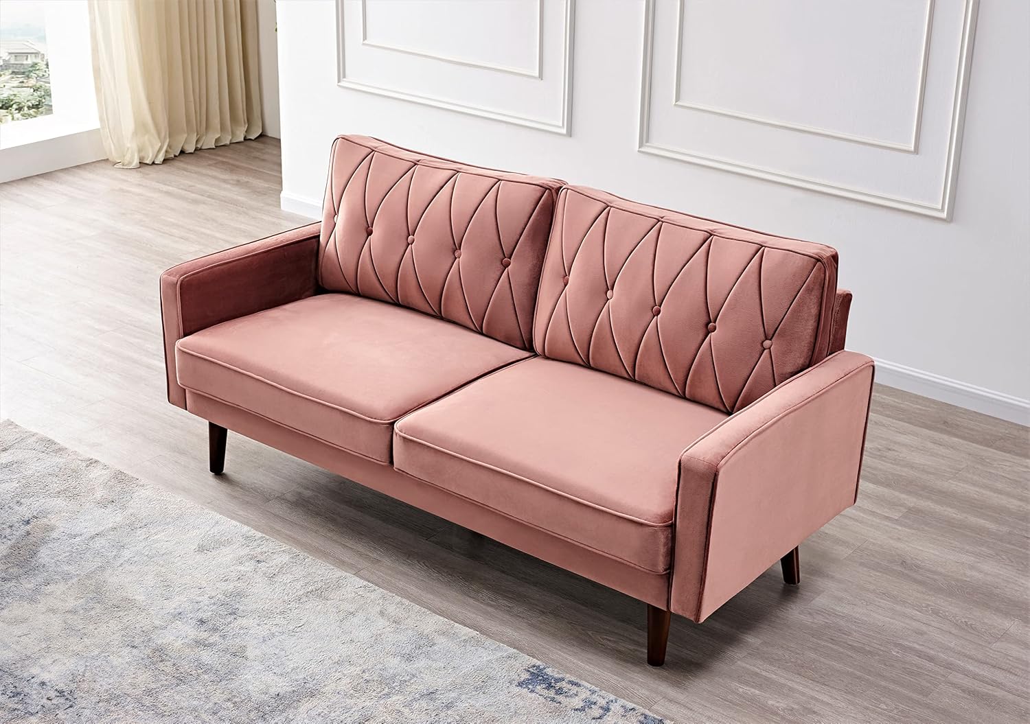 Container Furniture Modern Style Tufted Velvet Couches for Living Room with Soft Fabric Upholstery and Solid Wood Frame, 2 Piece Sofa and Loveseat Set, Rose
