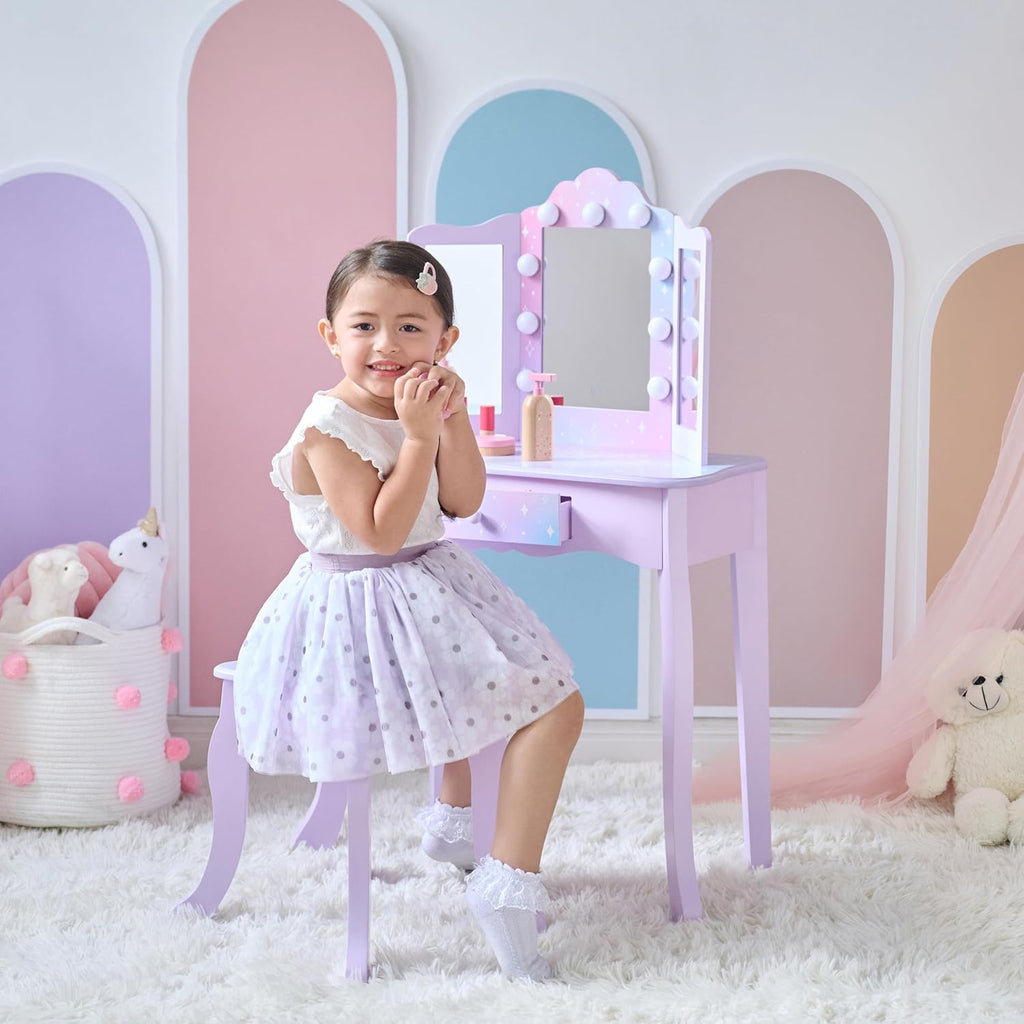 Teamson Kids Stardust Print Gisele Medium Vanity with LED Lights & Touch Sensor Mirror, Storage Drawer for Kids Pretend Play, Purple Elegant Dressing Table Set with Stool for Toddlers & Girls Ages 3+