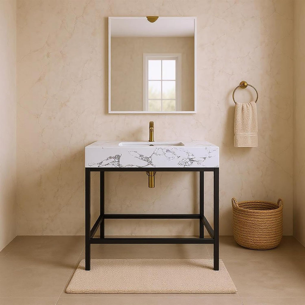 Meridian Furniture 407White-30 Marmo Collection Modern | Contemporary Bathroom Vanity with White Engineered Stone with Grey Veining, Matte Black Metal Base, 30' W x 23' D x 34' H, Black