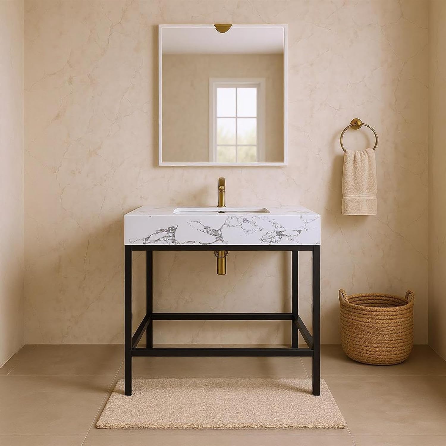 Meridian Furniture 407White-30 Marmo Collection Modern | Contemporary Bathroom Vanity with White Engineered Stone with Grey Veining, Matte Black Metal Base, 30' W x 23' D x 34' H, Black