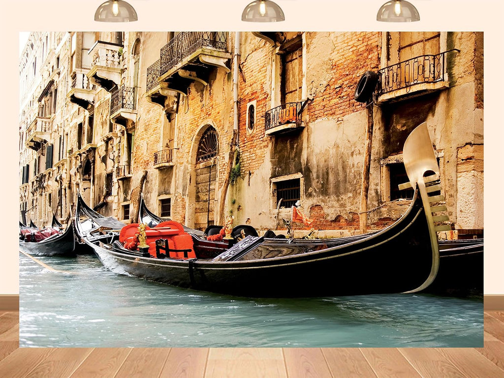 20x10ft Fabric Venice Narrow Canal Gondola Backdrop Old Buildings Background for Vintage Themed Party Decorations Balcony Wall Hanging Tapestry Photo Shoot Studio Props