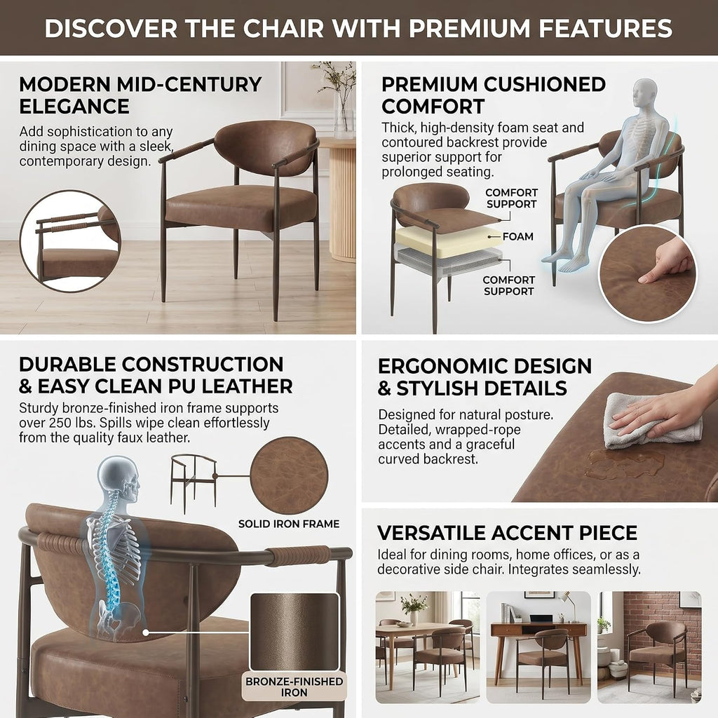 Christopher Knight Home Hyeok Modern Upholstered Dining Chairs Set of 2, Armchair Set with Metal Frame, Comfy Accent Chair with PU Leather Backrest/Seat Cushions for Kitchen/Dining Room, Brown
